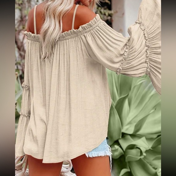 Luxe apricot off shoulder long sleeve casual blouse - Picture 5 of 15